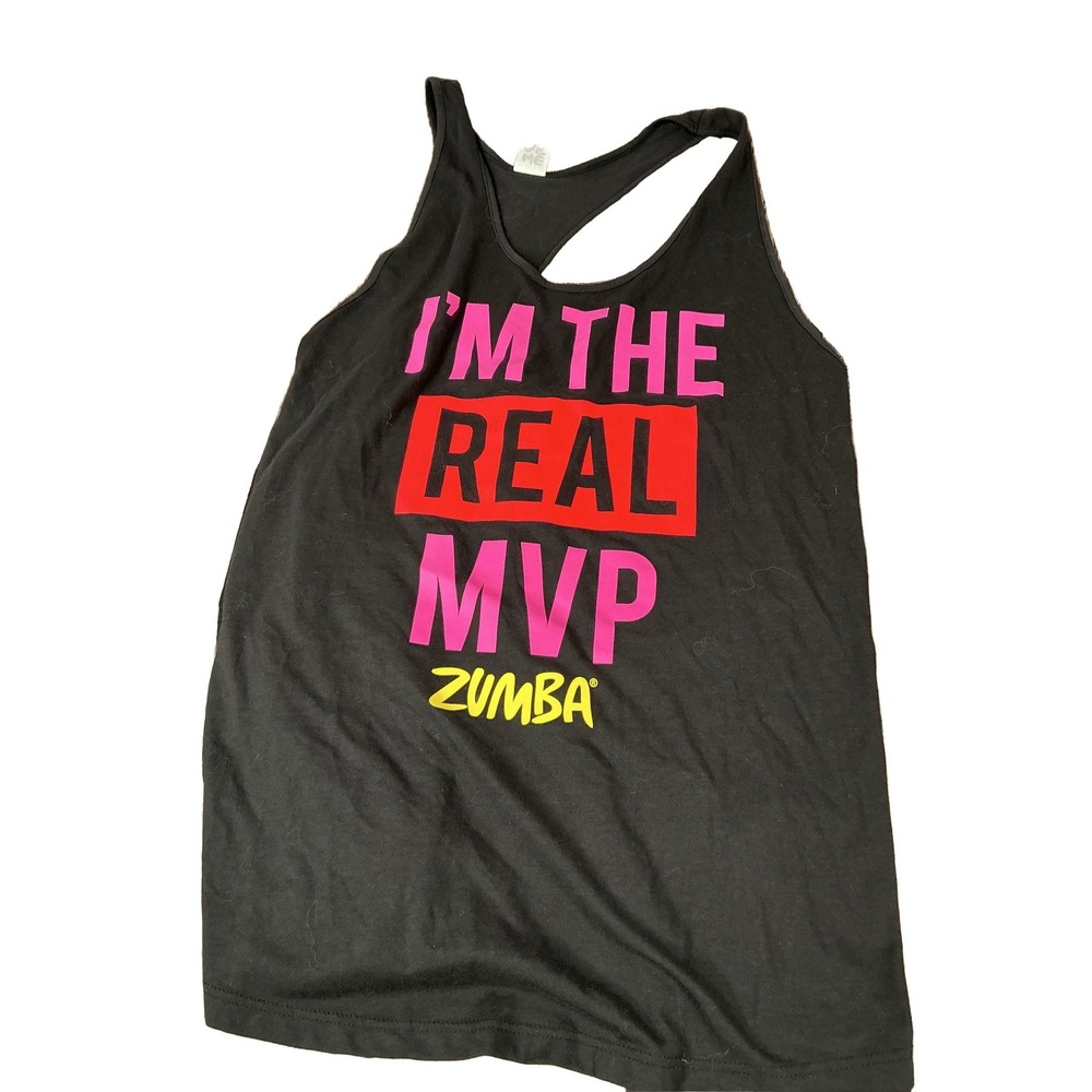 Zumba I'm The Real MVP Tank Top Racerback Graphic Print Black Pink Red Yellow L